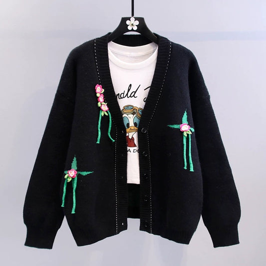 Design sense flower tassel sweater jacket women's autumn and winter 2022 new loose and lazy style V-neck knitted cardigan