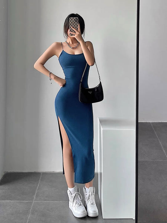 YoungGirlDay European and American sexy slim and thin shoulder straps high slit long bag hip suspender dress