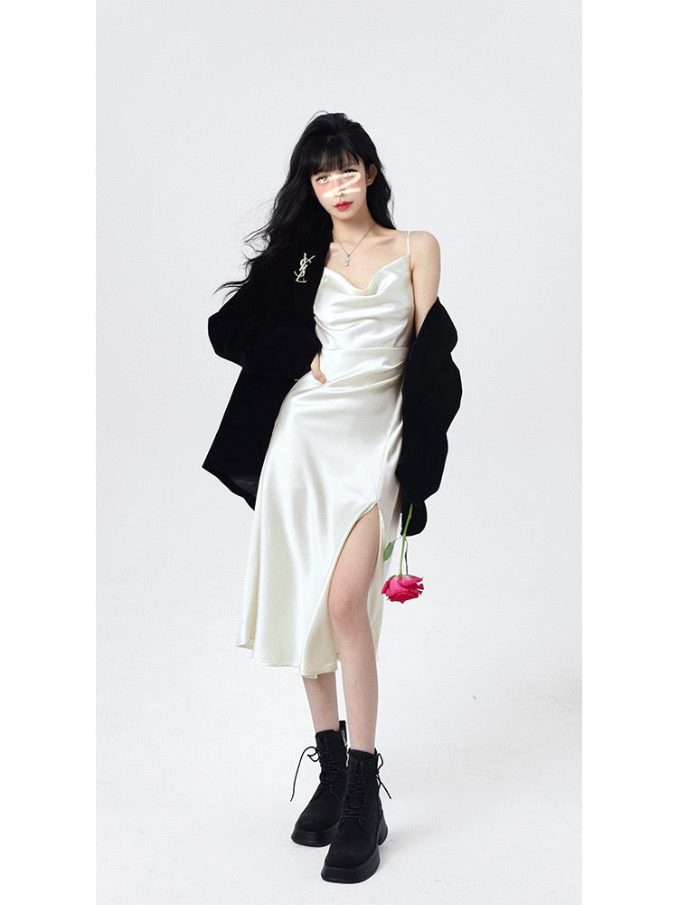 Aunt Barbie satin suspender dress spring women's 2023 new swing collar sexy hot girl slit bag hip dress