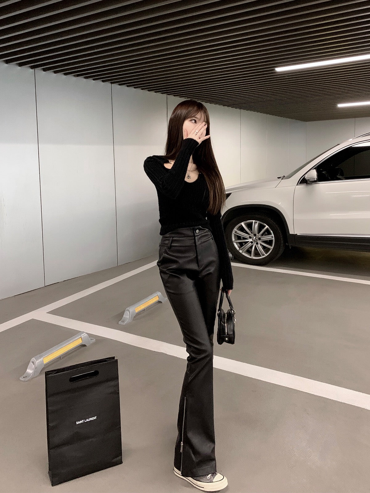 CHICYOU Black Zipper Leather Pants Skinny Skinny Leather Trousers Straight Micro Flared Casual All-Match Slim Pants