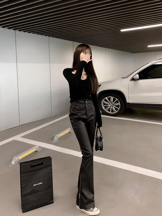 CHICYOU Black Zipper Leather Pants Skinny Skinny Leather Trousers Straight Micro Flared Casual All-Match Slim Pants