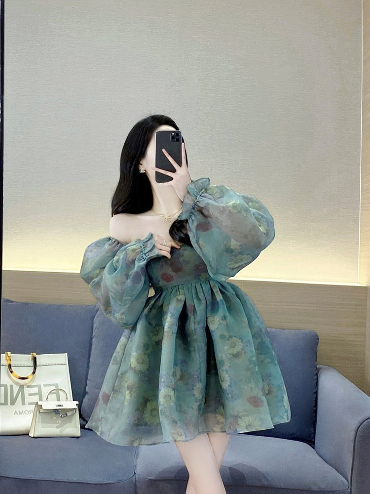 Princess tutu skirt 2023 spring new sweet French square collar organza puff sleeve floral dress female summer