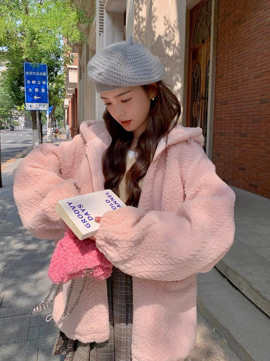 Pink plush short coat women's autumn and winter thickened 2022 new small milk fufu loose hooded cotton coat