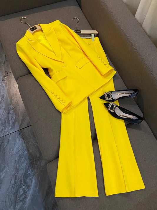 Summer new lemon yellow business wear fashion cloth buckle mid-length suit flared pants suit two-piece