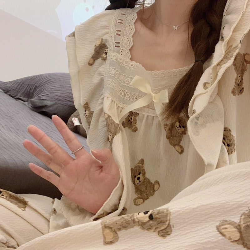 2022 new cartoon brown bear spring and autumn summer long-sleeved pajamas women's cotton gauze can wear princess wind suit