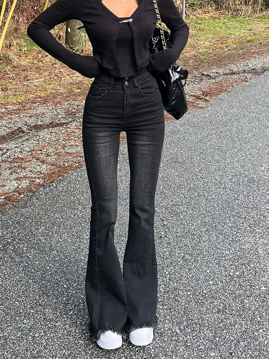 Helen Super High Waist Spice Girl Jeans Women's Black Slim Fit Flared Pants Raw Edge Design Wide Leg Pants