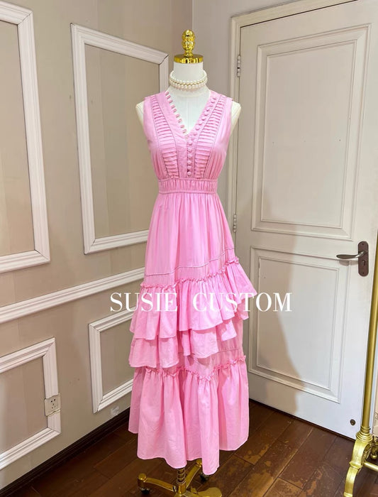 Show temperament deep V-neck single-breasted pleated slim fit elastic elastic waist stitching irregular ruffled sleeveless long skirt