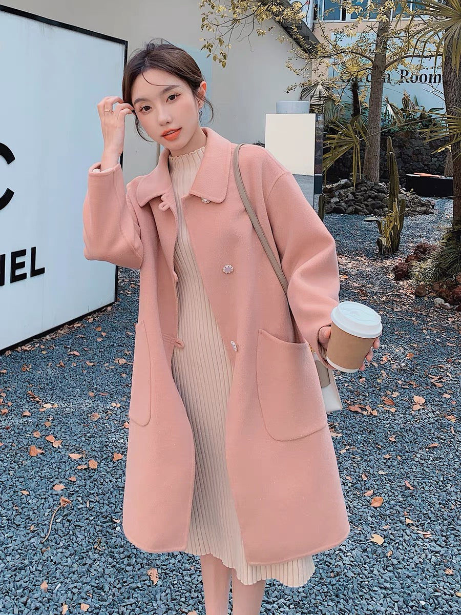 Pink Korean woolen coat women's autumn and winter small man 2022 new thickened high-quality sweet milk fufu coat