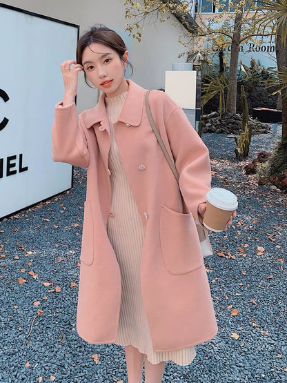 Pink Korean woolen coat women's autumn and winter small man 2022 new thickened high-quality sweet milk fufu coat
