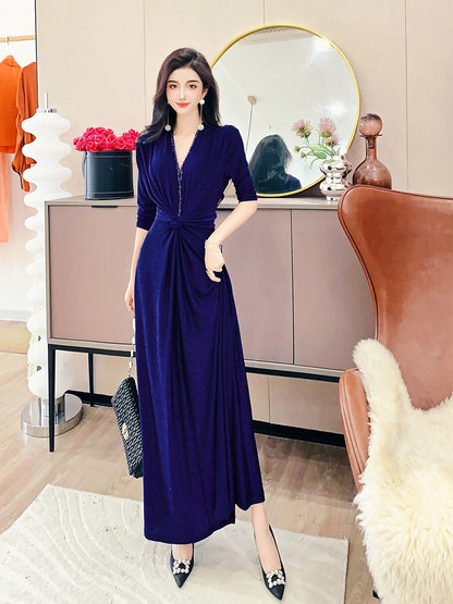 Sister Fei custom-made French light luxury temperament dress 2022 autumn new women's V-neck over-the-knee mid-length skirt