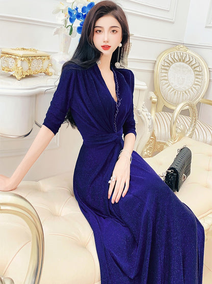 Sister Fei custom-made French light luxury temperament dress 2022 autumn new women's V-neck over-the-knee mid-length skirt