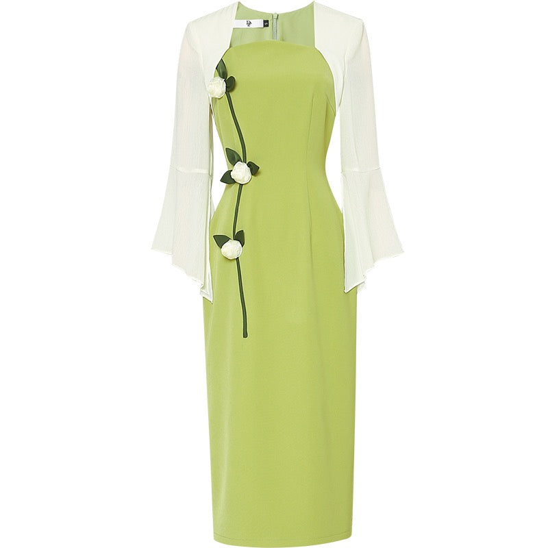Spring women's clothing 2023 new temperament contrast color trumpet sleeves slim waist slim dress long skirt bag hip skirt