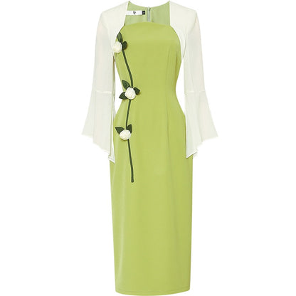 Spring women's clothing 2023 new temperament contrast color trumpet sleeves slim waist slim dress long skirt bag hip skirt