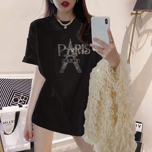 2023 new summer dress black t-shirt women hot diamond big love loose pure mid-length round neck short-sleeved top ins tide