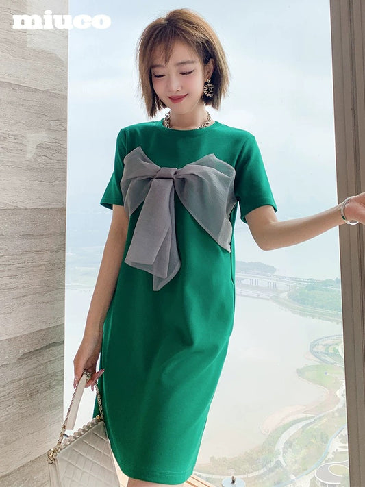 miuco contrast color sweet bow tie round neck fit slim T-shirt dress women's 2022 summer new