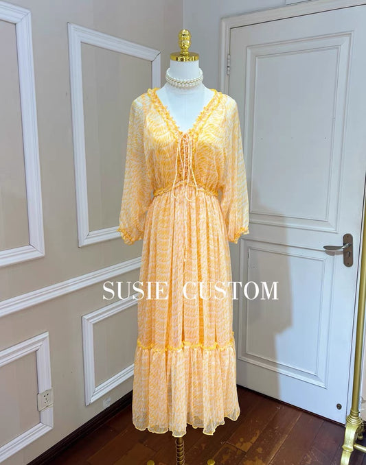 High custom imitation silk soft skin-friendly fabric fungus edge V-neck straps dolman sleeves