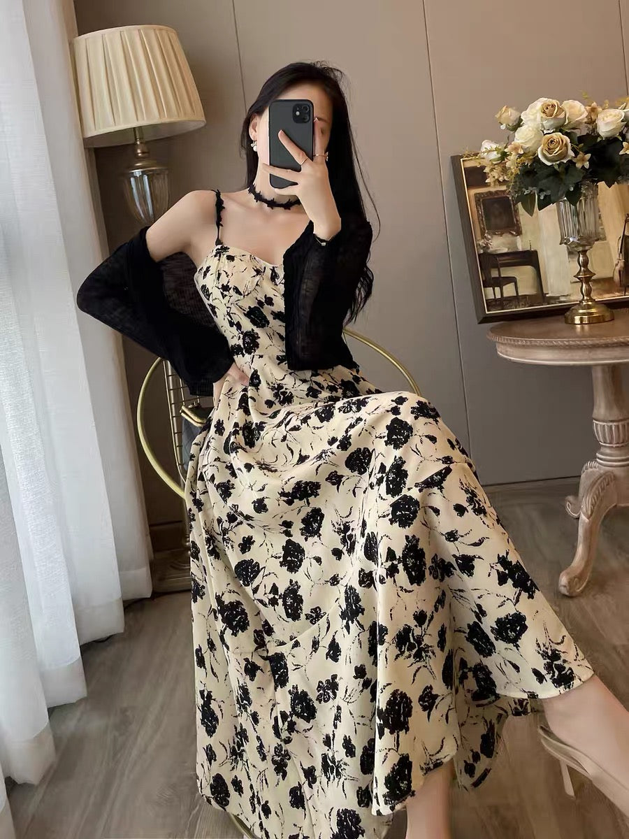 Floral suspender dress female 2022 summer new French retro Hepburn style high-end temperament two-piece suit