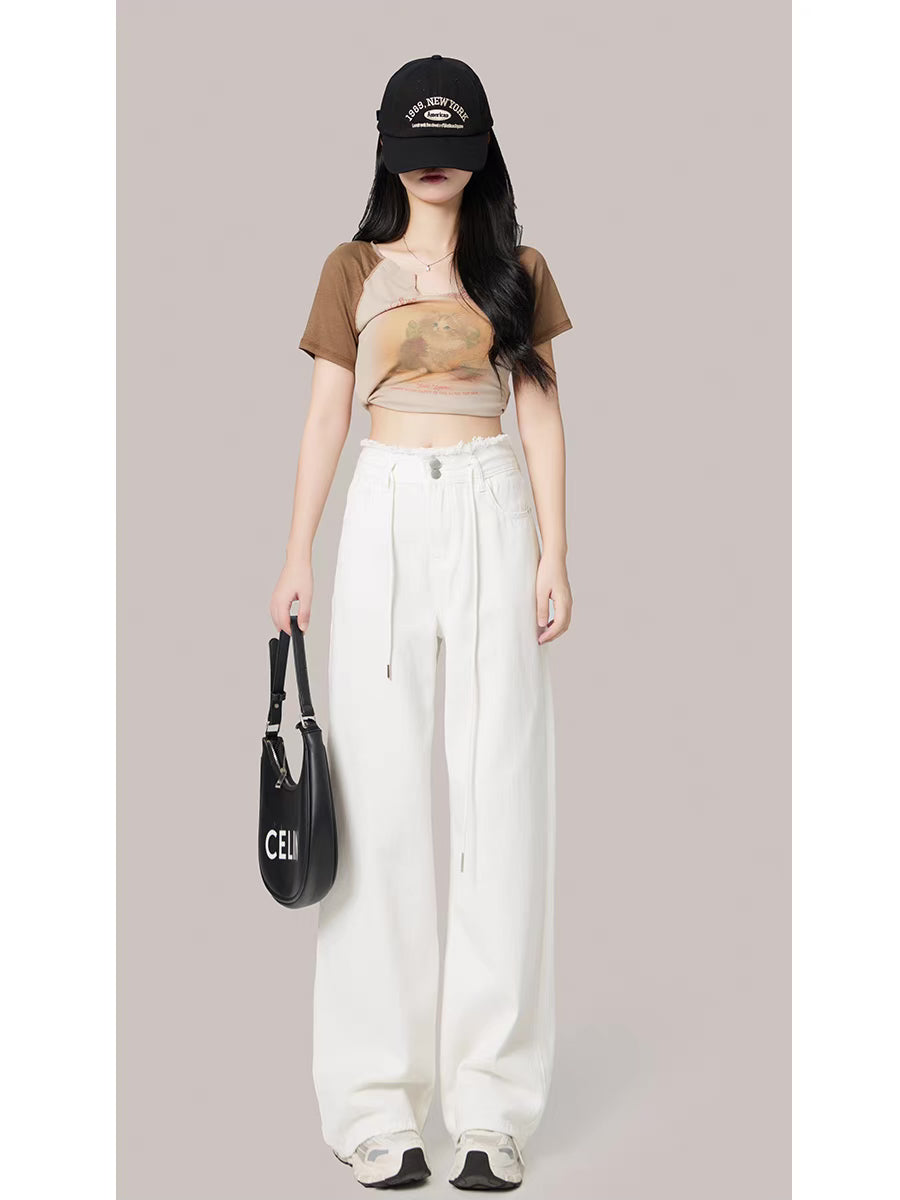 Design sense wide-leg jeans women's 2022 autumn new high waist drawstring slim straight mopping pants long pants