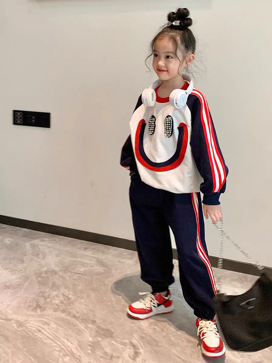Original 2022 new girls' casual suit autumn clothes children's middle and big children smiling face rhinestone pullover sweater sweatpants