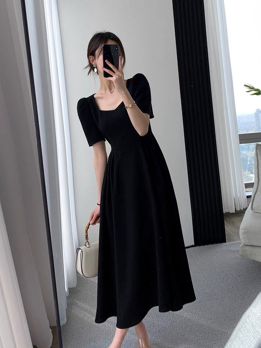 FT GUOGE black dress 2022 summer new square collar slim temperament goddess fan puff sleeves little black dress