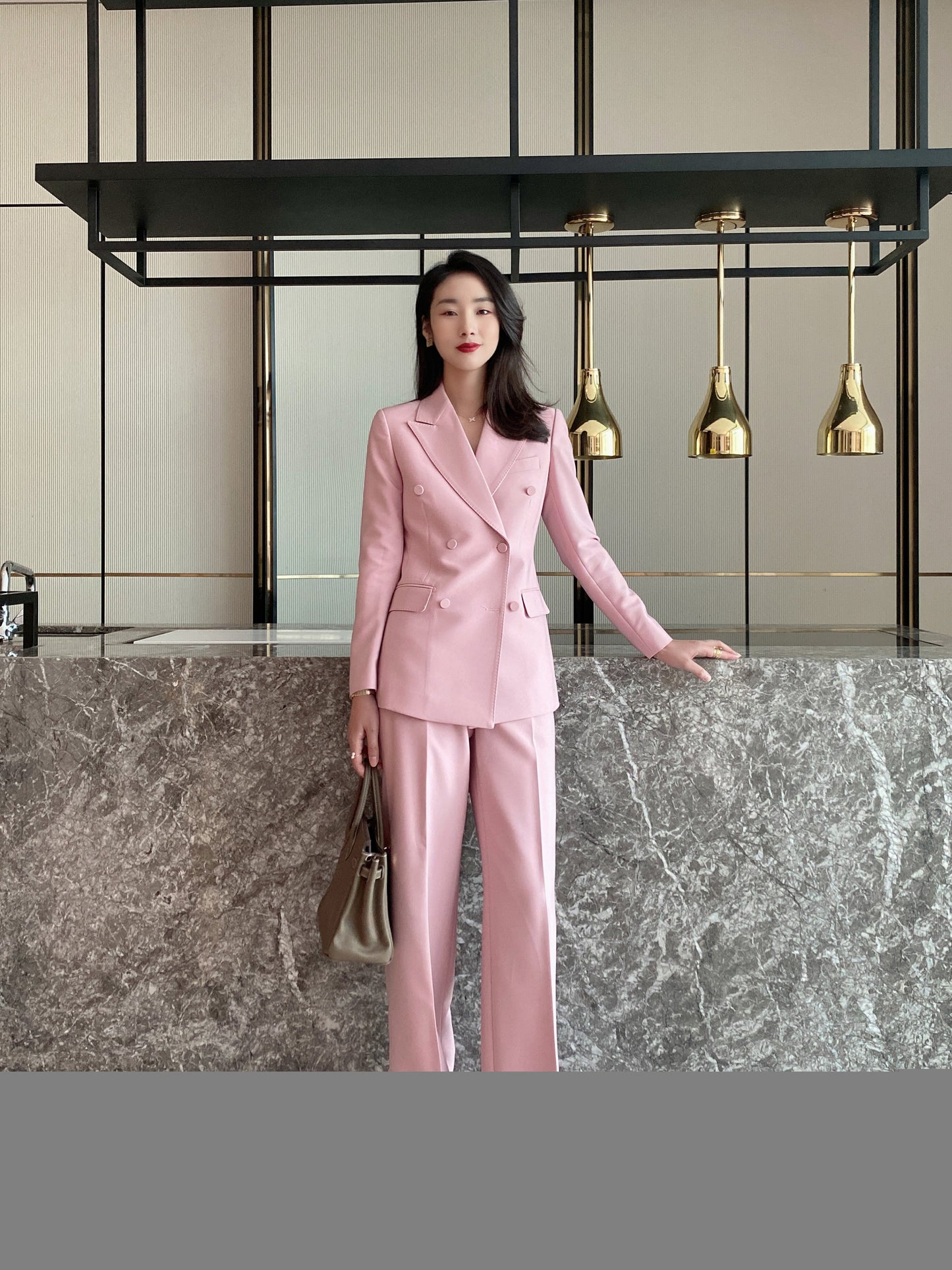 2023 spring temperament pink double-breasted suit suit commuting capable light familiar high wide-leg pants ol workwear