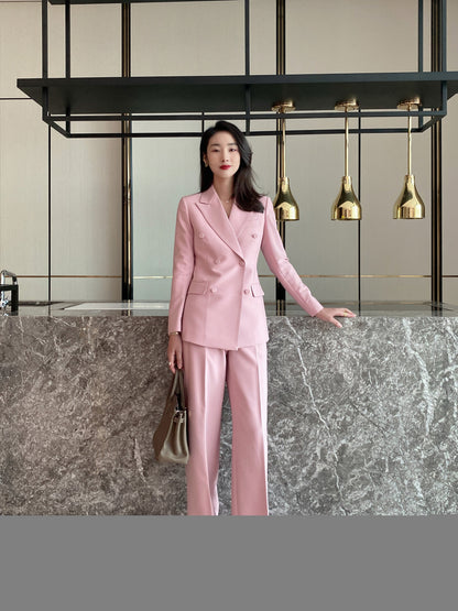 2023 spring temperament pink double-breasted suit suit commuting capable light familiar high wide-leg pants ol workwear