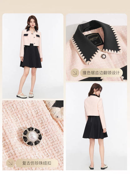 Fantu light luxury color contrast short coat + A-line suspender skirt suit 2022 autumn new style woolen women's clothing that covers the flesh and shows thinness