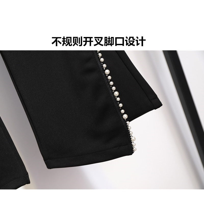 High-waist elastic black bootcut trousers women's cropped trousers fall 2022 irregular slit slim-fit casual trousers