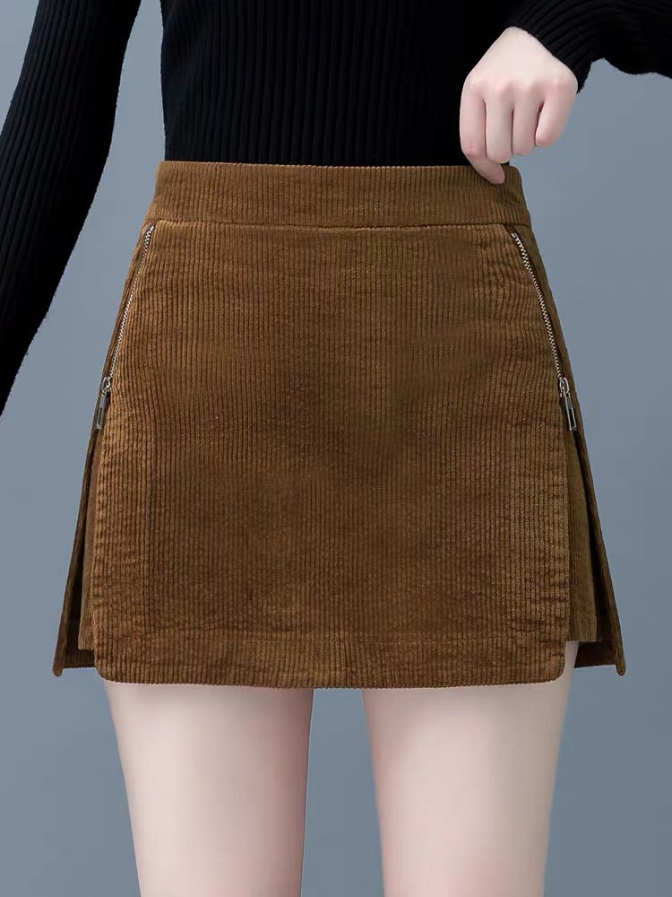 Corduroy shorts women's autumn and winter 2022 new hot style side zipper A-line skirt high waist culottes integrated boot pants