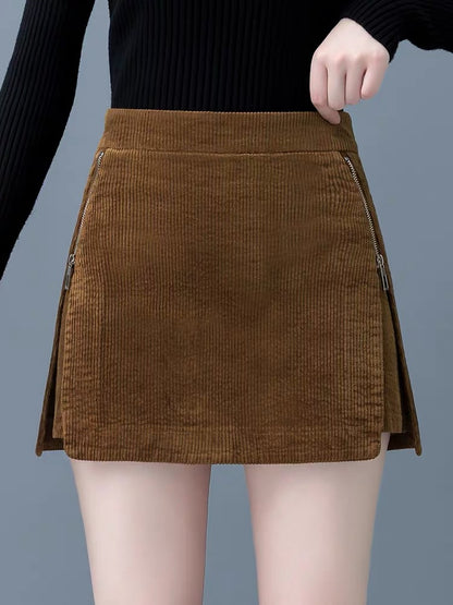 Corduroy shorts women's autumn and winter 2022 new hot style side zipper A-line skirt high waist culottes integrated boot pants
