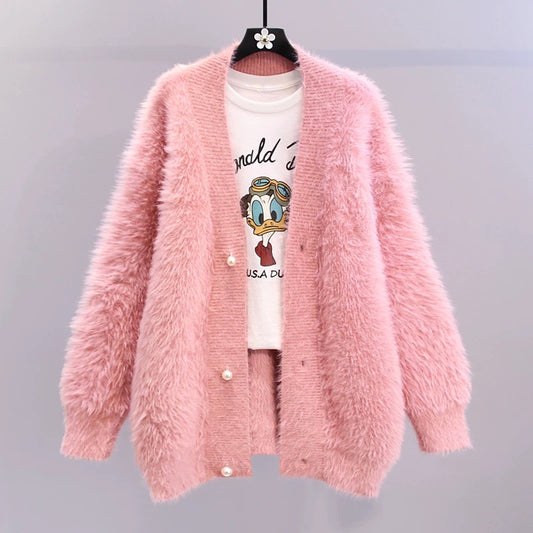 Small fresh imitation mink fleece sweater coat women's autumn and winter 2022 new loose mid-length age-reducing knitted cardigan