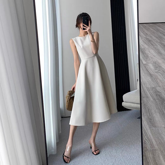 Guoge custom sleeveless dress 2022 summer new high-end sense waist slim temperament goddess fan round neck dress