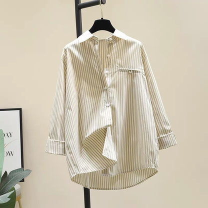 Yellow striped lapel shirt women's 2022 early autumn new Korean version loose casual long-sleeved shirt sunscreen shirt top
