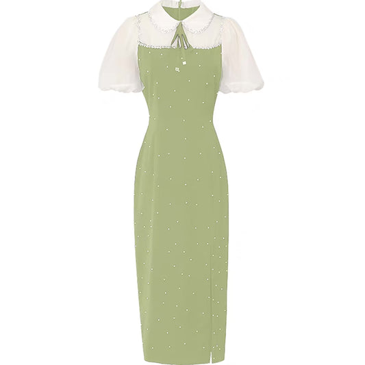 2022 summer dress new temperament stitching retro lantern sleeve slit elegant dress birthday party dress