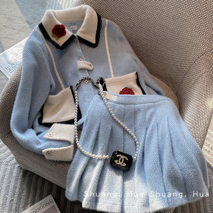 High-end temperament blue small fragrance suit autumn and winter women's 2022 new high-end pleated skirt two-piece suit