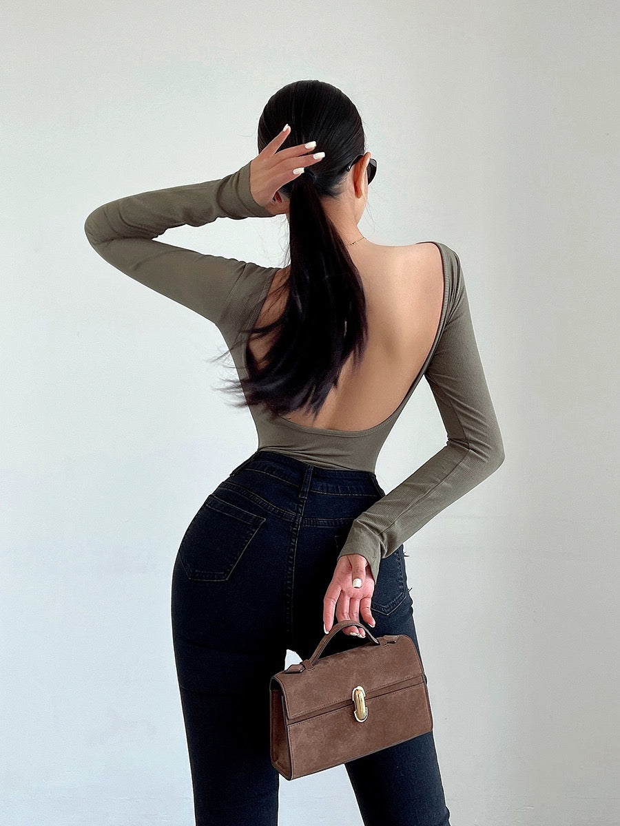 liviahome European and American sexy babes big halter jumpsuit stretch tight long-sleeved T-shirt bottoming shirt top female