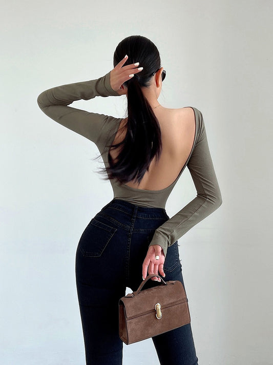 liviahome European and American sexy babes big halter jumpsuit stretch tight long-sleeved T-shirt bottoming shirt top female
