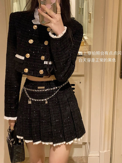 Drawing solution WAHJUIS Del Luna Hotel tweed small fragrance coat female spring and autumn design sense a-line skirt suit