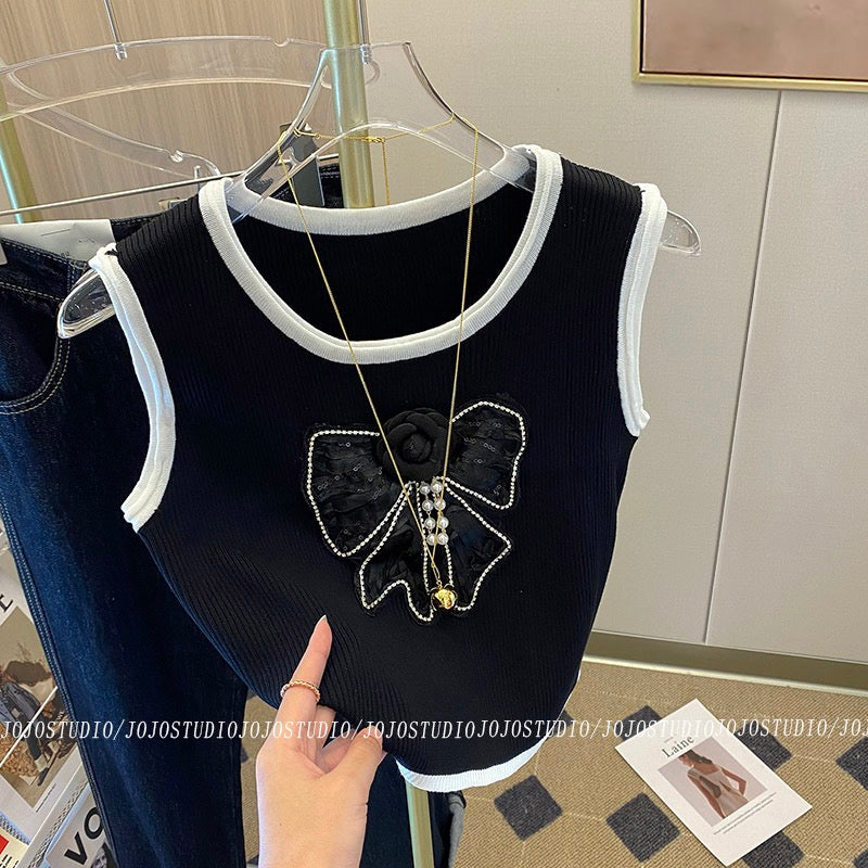 Xiaoxiangfeng Contrasting Color Bow Knot Diamond Flower Round Neck Vest Female 2022 Early Autumn New Black Short Top
