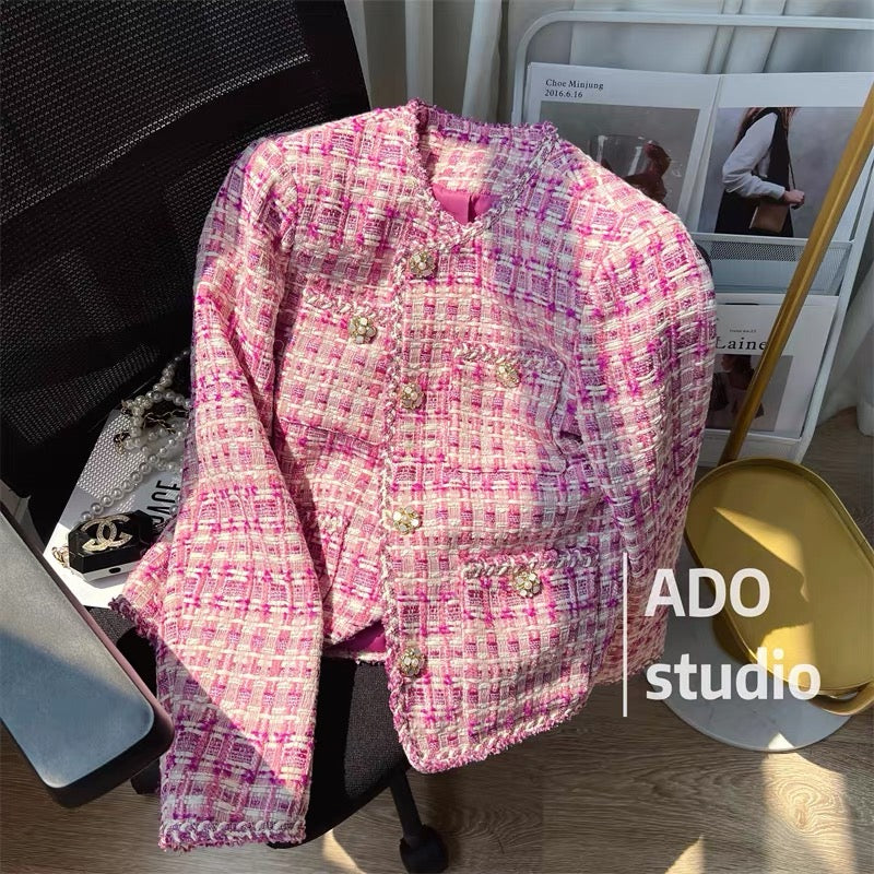 Pink tweed small fragrance coat women's 2022 autumn and winter new temperament ladies high-end sense thin and light luxury top
