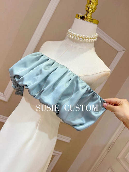 Design Contrasting Colors Versatile One-Shoulder Off-the-Shoulder Pleated Satin and Slim Fit Mid-Length Ruffled Fishtail Skirt