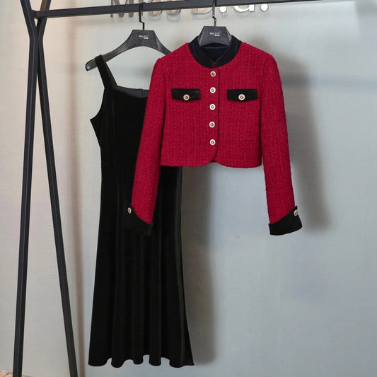 Miss DG small fragrance suit women's autumn retro design sense stitching short jacket sleeveless dress two-piece set