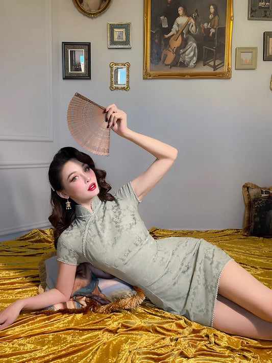 le palais vintage original retro port style light green jacquard slim short cheongsam