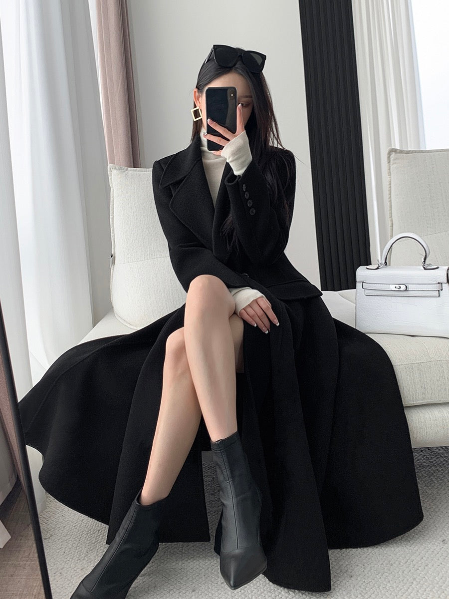 FT GUOGE black double-sided wool coat women's 2022 autumn and winter new high-end waist Hepburn style wool coat