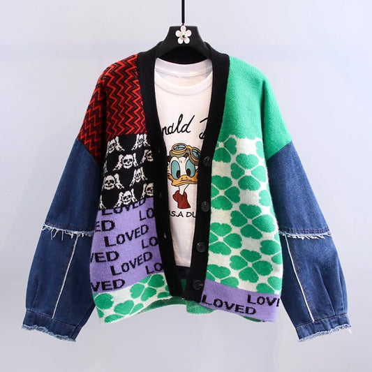Denim stitching sweater jacket women's autumn and winter 2022 new Korean version loose and lazy wind retro contrast color knitted cardigan