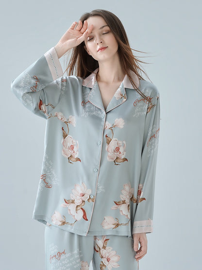 IIZZINI 2023 women's pajamas spring and autumn long-sleeved ice silk Chinese style white magnolia flower trousers home clothes set