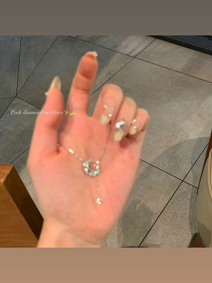 Delicate and sweet pink zirconium tassel necklace girls light luxury niche design sense high-end necklace temperament versatile clavicle chain