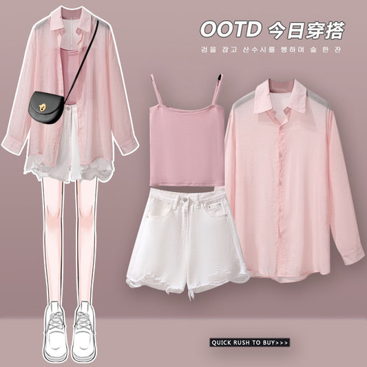 Playful women's lively shorts suit 2023 new women's high-end summer sunscreen shirt suspenders three-piece set two