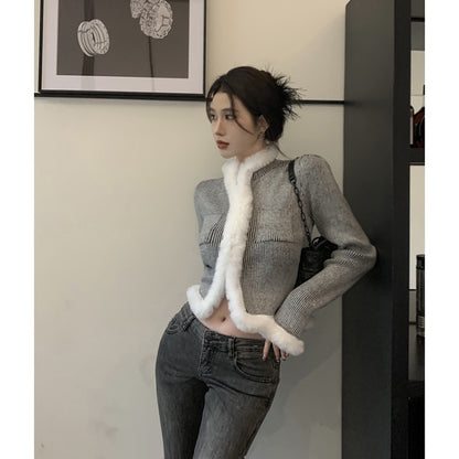 High-end super-good-looking sweater women's autumn and winter 2023 new design sense fur stitching chic long-sleeved sweater