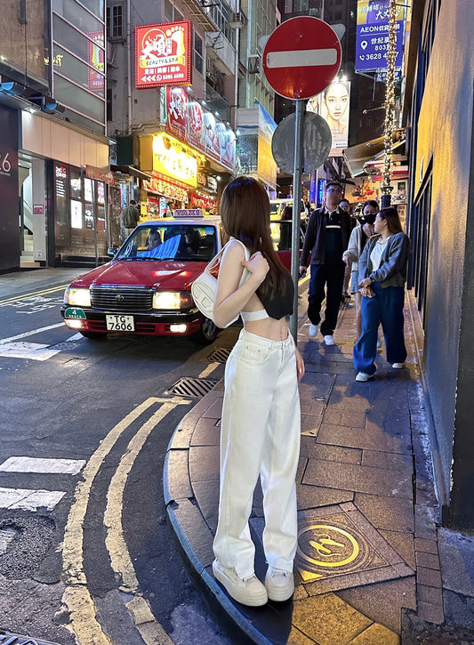Woppei summer new casual all-match high straight wide-leg pants prad* white high-waisted jeans women